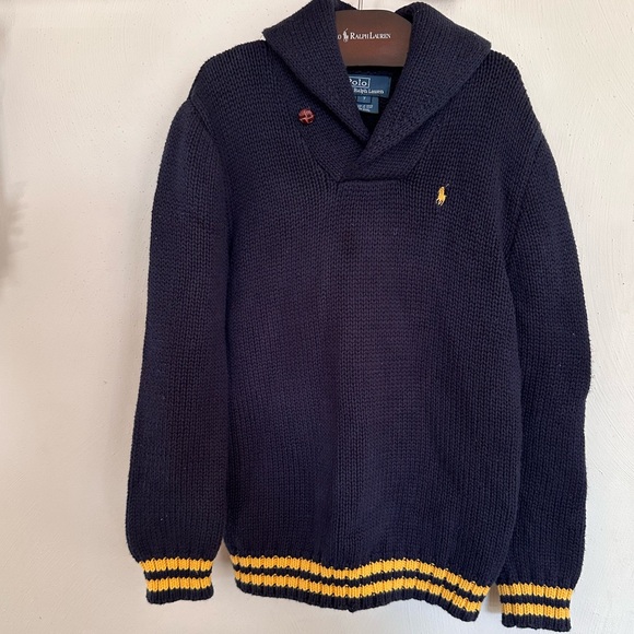 Polo Ralph Lauren Other - Vintage POLO Ralph Lauren Boys Navy Blue & Yellow Cowl Shawl Neck Knit Sweater 7